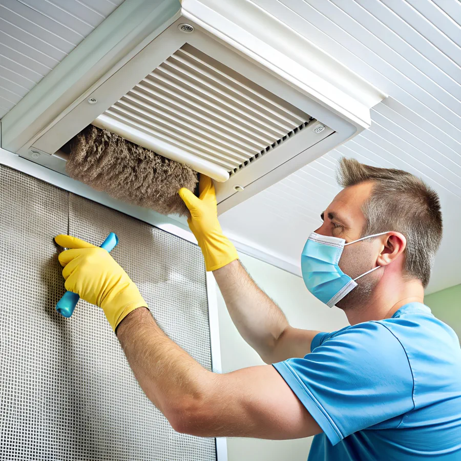 Technician removing dust from an air-conditioning grille