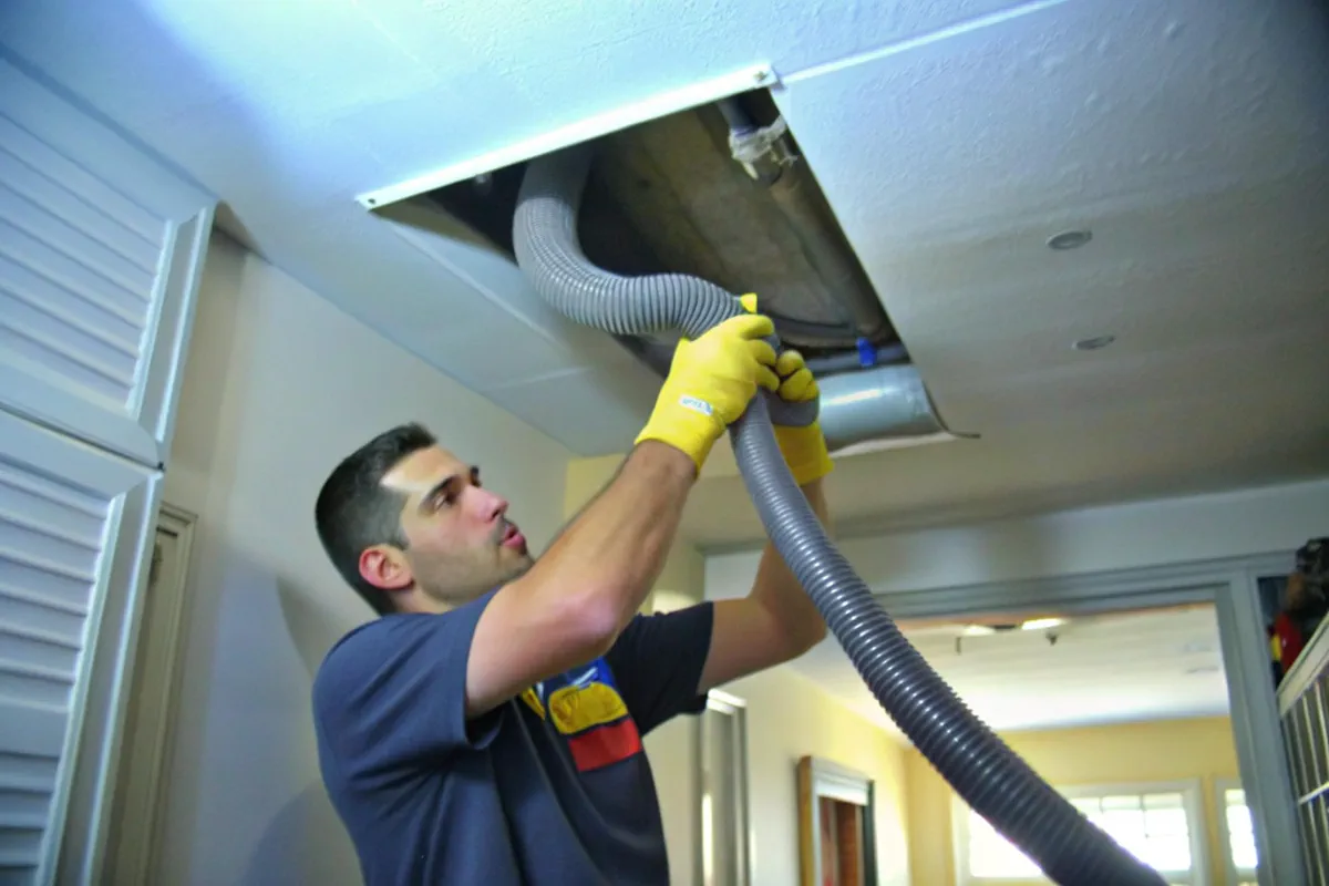 Technician cleaning ductwork in a home ceiling