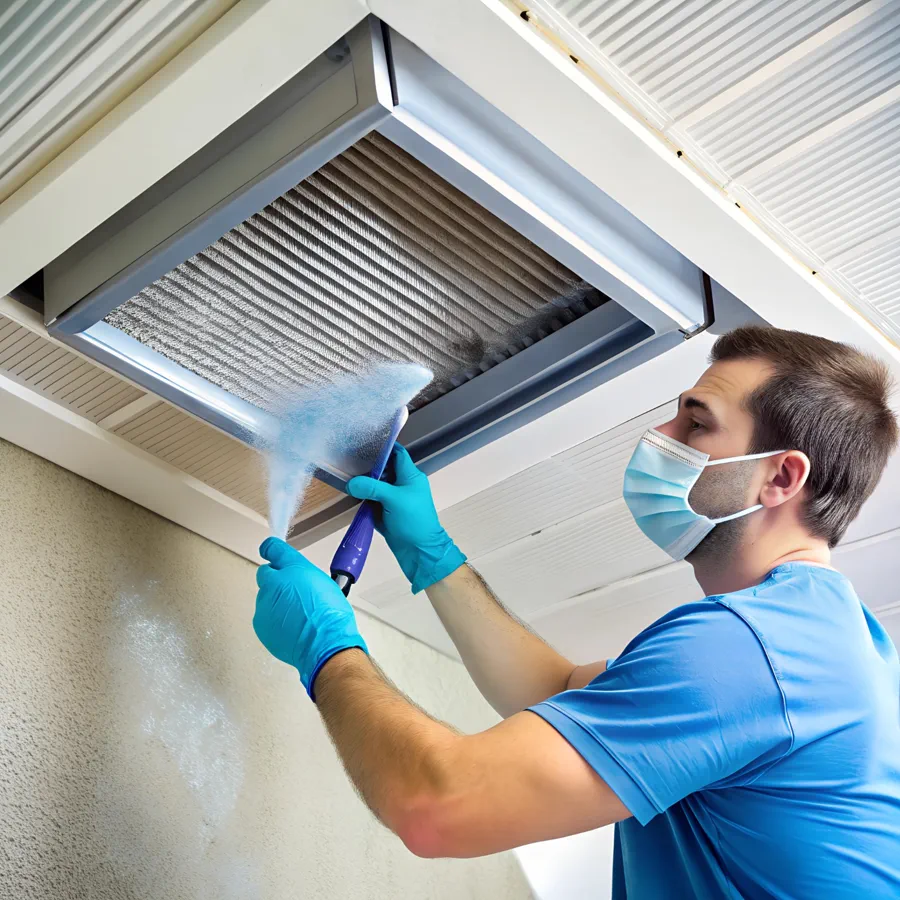 Technician cleaning a ceiling air vent