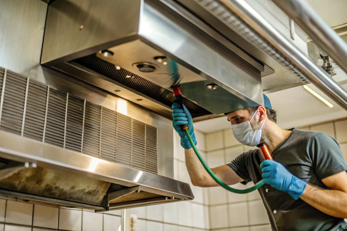 Technician cleaning an overhead ventilation system